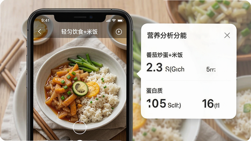 轻匀饮食记录功能预览图,主体为手机界面显示一碗饭菜被识别成“番茄炒蛋+米饭”,右侧弹出营养分析卡片,布局左右分栏,风格写实,细节包括食物名称、热量和蛋白质数值,画质细腻,无多余元素。