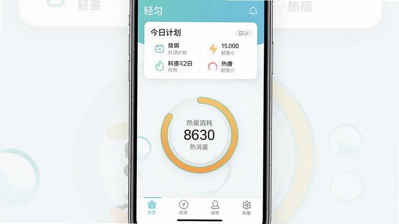 展示轻匀App的主界面,主体为手机屏幕截图,布局居中排版,风格清新简约,细节包括顶部“今日计划”卡片、中间环形进度条显示热量消耗、底部四个导航图标,画质高清干净,无多余元素,文字“轻匀”出现在屏幕左上角。