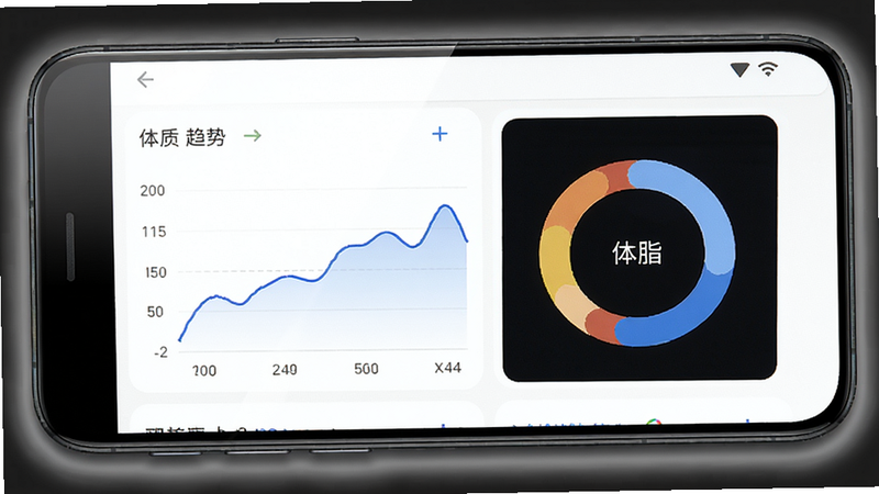 展示轻匀APP在安卓手机上的实际运行界面,主体是手机屏幕内显示的首页趋势图,包含体重折线和体脂环形图,屏幕四周带有圆角边框,背景为纯白色,布局居中,风格写实产品展示,细节包括屏幕反光和边缘阴影,画质超高清,干净无多余元素。