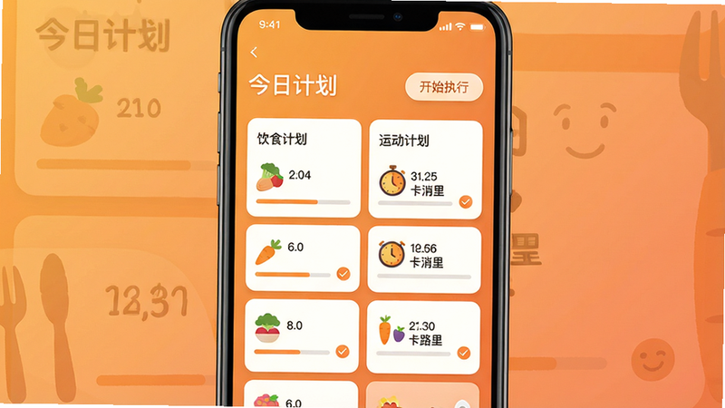 展示轻匀软件中个性化计划页面,主体是一个手机竖屏界面,左侧为饮食计划列表(每项带食材图标),右侧为运动计划列表(每项带时长和消耗卡路里),顶部是“今日计划”标题和“开始执行”按钮,背景为暖橙色渐变,布局为双栏卡片式,风格温馨友好,细节包括进度条和勾选标记,画质超清,干净无多余元素。