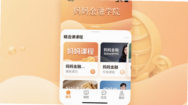չʾ�������ѧԺApp�����棬����Logo���������ѧԺ�����м������ѡ�γ̿�Ƭ���ײ�������������ҳ���γ̡��������ҵġ����������ůɫ����������͵Ľ���ɫ�����������ɾ����޶���Ԫ�أ����֡��������ѧԺ����Ŀ��