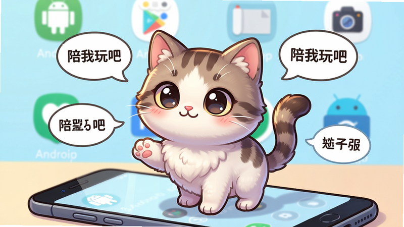 主体:一只卡通风格的猫咪站在手机桌面上,背景是简约的安卓桌面图标。布局:猫咪位于画面中央,周围有气泡对话框显示“陪我玩吧”等文字。排版:整体居中,猫咪表情可爱。风格:清新Q版二次元,色彩明亮柔和。细节:猫咪毛发细腻,眼睛大而圆,尾巴翘起,爪子轻轻抬起。画质:高清,干净无多余元素。