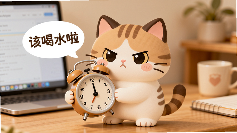 主体:猫咪拿着一个小闹钟,旁边显示“该喝水啦”气泡。布局:猫咪站在屏幕中央,背景模糊的桌面。排版:文字突出。风格:简约Q版,温馨色调。细节:闹钟指针指向整点,猫咪表情认真。画质:高清,干净无多余元素。