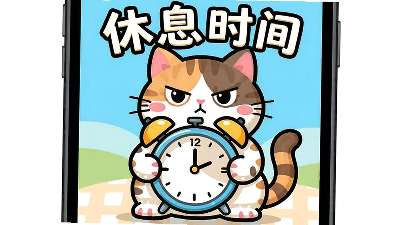 手机屏幕上,猫咪抱着一个小闹钟,旁边有“休息时间”字样。主体:猫咪和闹钟。布局:居中,闹钟在猫咪胸前。风格:卡通活泼,色彩鲜艳。细节:闹钟指针指向12点,猫咪表情认真,文字加粗。画质:高清,干净,无多余元素。
