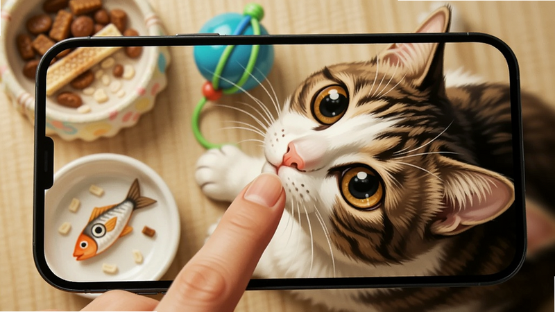 画面中手指正在触摸屏幕上的猫咪,猫咪抬头看向手指,旁边有食物碗和玩具球。主体:手指与猫咪互动。布局:俯视角度,手机屏幕特写,猫咪占屏幕一半。风格:可爱写实,暖色调。细节:猫咪瞳孔放大,食物碗中有小鱼干,手指有指甲。画质:高清,干净,无多余元素。