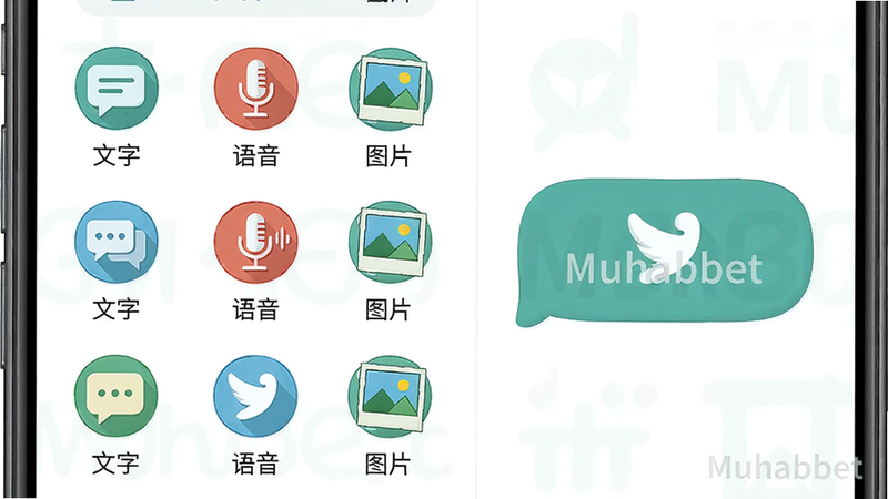 主体:Muhabbet消息发送界面,布局:手机屏幕左侧显示多种消息类型图标,右侧为发送按钮,排版:图标排列整齐,风格:清新插画风,细节:每个图标下方有中文标签如“文字”“语音”“图片”,画质:高清,干净,无多余元素,图片中文字“Muhabbet”水印