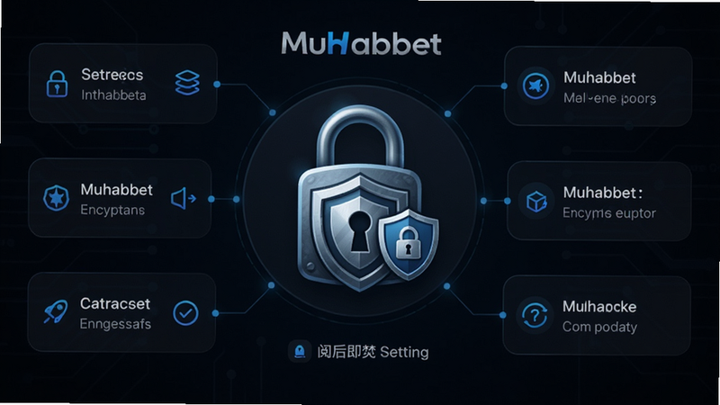 主体:Muhabbet加密锁图标和阅后即焚设置界面,布局:中央一把锁,周围环绕设置选项,排版:焦点居中,风格:科技感简约,细节:锁图标带盾牌,背景深色,画质:高清,干净,无多余元素,图片中文字“Muhabbet”