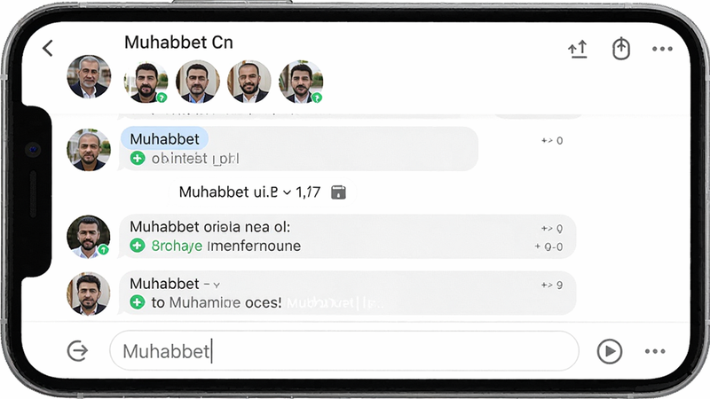 主体:Muhabbet群组聊天界面,布局:顶部群名称和成员头像,中部聊天记录,底部输入框,排版:标准会话视图,风格:真实界面,细节:群成员头像圆形排列,画质:高清,干净,无多余元素,图片中显示“Muhabbet”