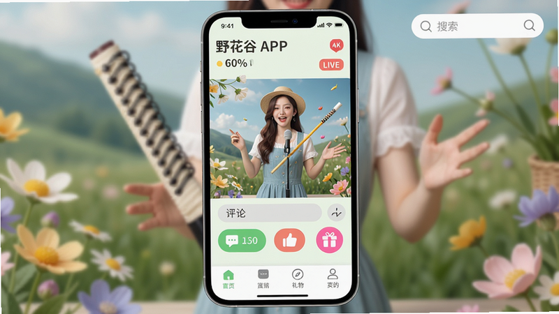 主体:野花谷APP主界面,中央显示高清直播画面,主播正在表演才艺,下方有互动按钮如评论、点赞、礼物,右上角有搜索框。布局:手机竖屏,画面占比60%,下方功能栏。风格:清新自然,色彩柔和,有花草装饰元素。细节:画面清晰,字体圆润,背景干净。画质:4K超清,无多余元素。