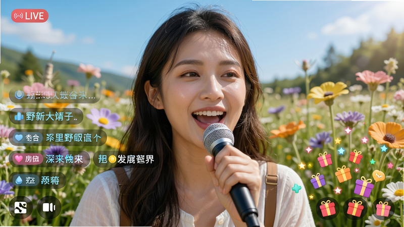 主体:野花谷直播画面截图,主播在直播间唱歌,画面清晰生动。布局:全屏直播画面,左下角有房管图标,右下角有礼物特效。风格:明亮活泼,色彩鲜艳。细节:主播表情自然,弹幕飘过,画质细腻。画质:高清,干净无多余元素。