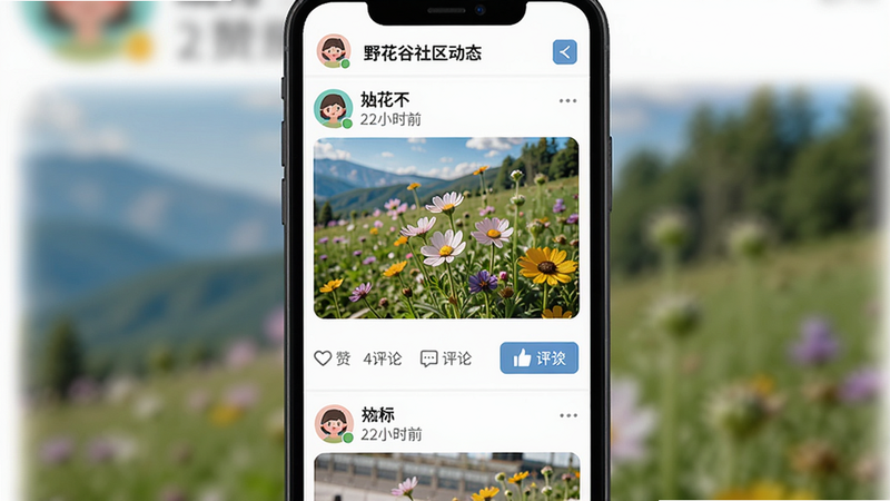 野花谷社区动态页面,手机屏幕显示用户发布的图文动态,有点赞评论按钮,布局瀑布流,风格活泼,细节有头像、昵称、时间戳,画质清晰,干净无多余元素