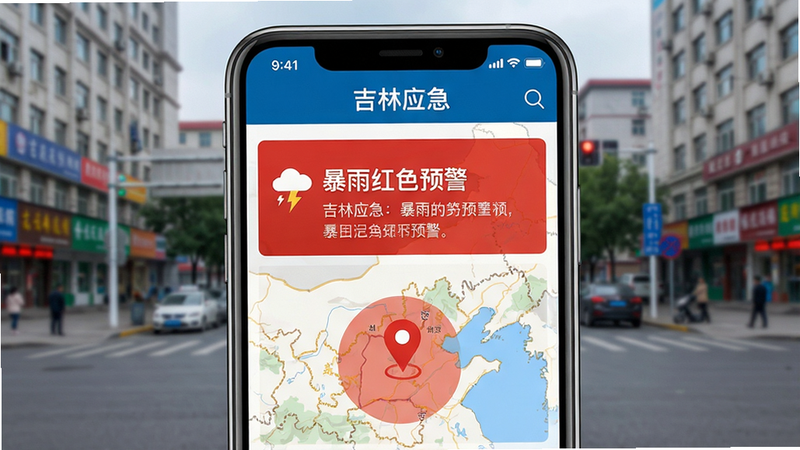 吉林应急APP预警通知界面,手机屏幕显示一条红色预警通知,内容为'暴雨红色预警',下方有地图定位标记,背景为城市街景,风格真实,色彩鲜明,文字'吉林应急'清晰可见,画质高清,干净整洁
