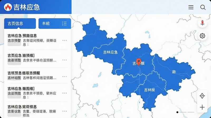 吉林应急APP主界面截图,展示首页预警信息列表和地图定位,背景为吉林省行政区划图,风格简洁现代,以蓝色和白色为主色调,左上角有'吉林应急'字样,画质清晰,干净无多余元素