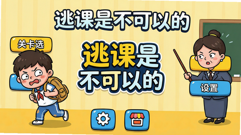 主体:游戏主界面展示“逃课是不可以的”标题与Q萌学生角色。布局:中央为游戏Logo,左右两侧分布关卡选择按钮,底部有设置和商店图标。排版:扁平化UI,色彩明亮以黄色和蓝色为主。风格:卡通手绘,角色表情夸张。细节:学生背书包蹑手蹑脚,老师拿着教鞭张望。画质:高清1080p,干净无多余元素。