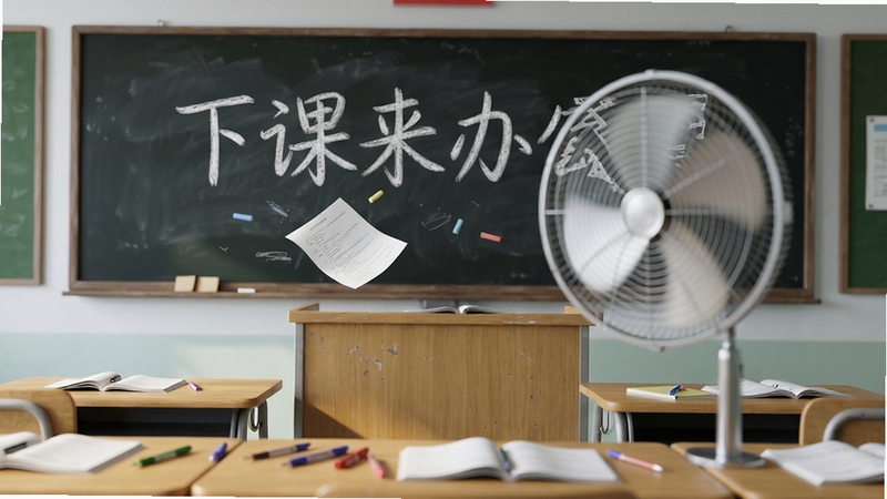 主体:教室场景中黑板上有粉笔字“下课来办公室”,风扇转动吹起讲台上的试卷。布局:从讲台视角看教室,前排课桌散落文具。排版:透视构图,景深清晰。风格:清新校园风。细节:黑板上字迹潦草,风扇叶片旋转模糊。画质:超清,干净无多余元素。