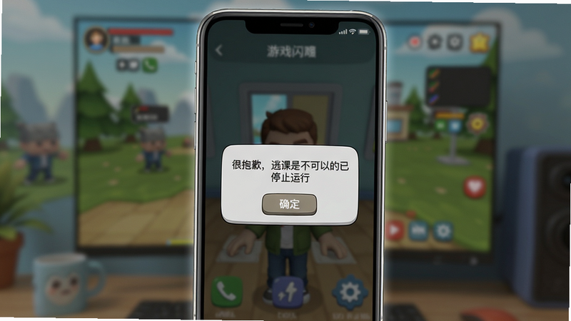 主体:手机屏幕显示游戏闪退提示“很抱歉,逃课是不可以的已停止运行”。布局:手机居中,屏幕上有错误弹窗,背景模糊。排版:竖屏截图风格。风格:写实与卡通结合。细节:弹窗有“确定”按钮,手机边框高亮。画质:高清,干净无多余元素。