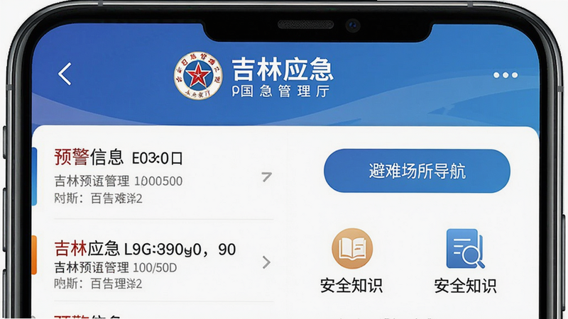 一张手机截图展示“吉林应急”APP主界面,顶部有白色文字“吉林应急”和应急管理厅logo,背景为蓝色渐变,界面包含预警信息列表、避难场所导航按钮、安全知识图标,整体布局清晰简洁,画质高清,干净无多余元素。