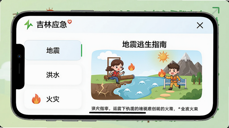 手机屏幕显示“吉林应急”APP知识库页面,左侧有分类列表如“地震”、“洪水”、“火灾”,右侧展示一篇图文并茂的“地震逃生指南”,包含卡通插图,界面简洁明快,画质高清,干净。