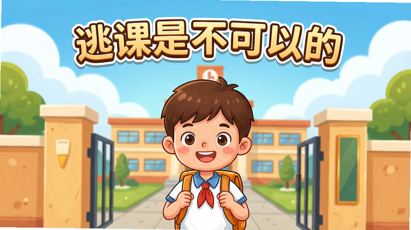 游戏主界面展示,一个背着书包的卡通小学生站在学校大门口,背景是蓝天白云和教学楼,上方有标题文字“逃课是不可以的”。主体居中,布局简洁,色彩明亮温暖,画质高清,细节清晰,无多余元素。