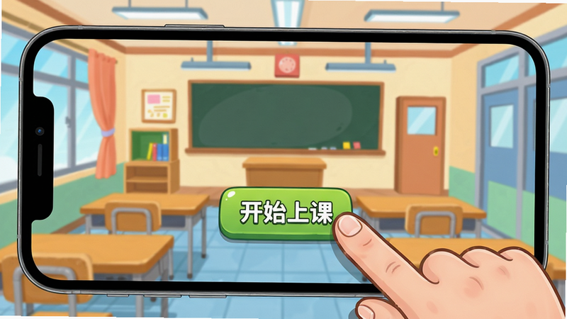 手机屏幕上显示游戏界面,一个玩家手指正在点击屏幕上的“开始上课”按钮,背景是教室场景,卡通风格,主体清晰,布局居中,画质高清,无多余元素。