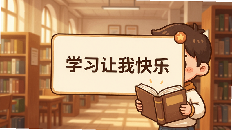 游戏中的励志名言弹出窗口,背景是校园图书馆,一个卡通人物手拿一本书,窗口内文字“学习让我快乐”,整体暖色调,排版工整,画质清晰,无多余元素。