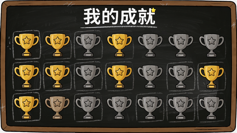 游戏成就界面,一个奖杯图标排列在网格中,部分已点亮,部分灰色,背景是黑板样式,文字“我的成就”,卡通风格,布局整齐,画质清晰。