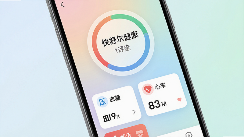 生图提示词:主体为一部手机屏幕显示“快舒尔健康”主界面,布局居中,上方是健康评分圆环,下方排列血压、血糖、心率等数据卡片,排版清爽,风格扁平化UI,细节包括圆角卡片和柔和的渐变背景,画质高清,干净无多余元素,图片中文字“快舒尔健康”需清晰可见。