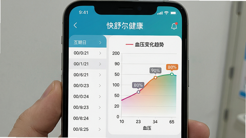 生图提示词:主体为一部手机屏幕显示“快舒尔健康”数据记录页面,左侧为日期列表,右侧为折线图展示血压变化趋势,布局左右分栏,排版清晰,风格医疗健康类APP截图,细节包括图表上的标注点和颜色渐变,画质干净,无多余元素,图片中文字“快舒尔健康”位于顶部。