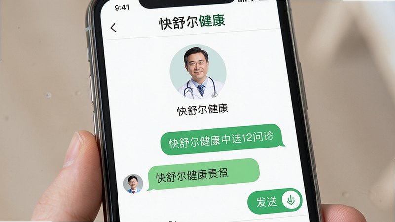 生图提示词:主体为手机屏幕显示“快舒尔健康”在线问诊界面,上方是医生头像和职称,下方是聊天对话框,布局上下结构,排版仿真实聊天APP,风格清新医护风格,细节包括绿色气泡和发送按钮,画质干净,文字“快舒尔健康”位于顶部。