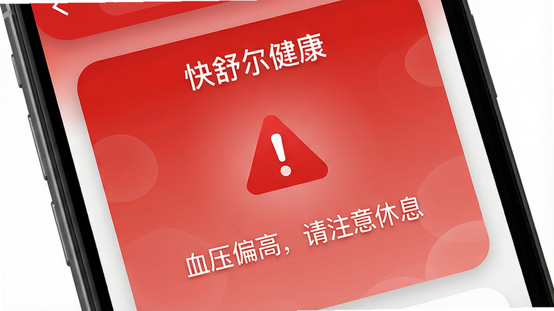 生图提示词:主体为手机屏幕显示“快舒尔健康”预警通知,中间有一个红色警报图标,下方文字“血压偏高,请注意休息”,布局居中,风格简约警告界面,细节包括红色渐变背景和白色文字,画质高清,干净无多余元素。