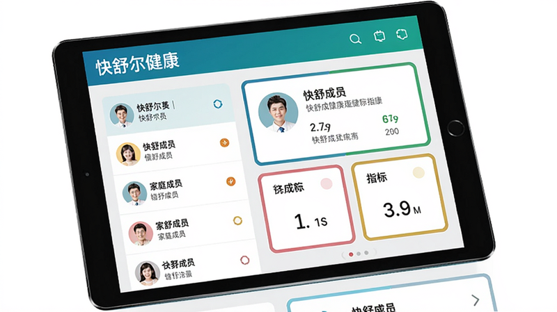 生图提示词:主体为平板电脑显示“快舒尔健康”健康档案页面,左侧为家庭成员列表,右侧展示某位成员的指标汇总卡片,布局左右双栏,风格医疗档案界面,细节包括圆形头像和彩色卡片边框,画质清晰,无多余元素,文字“快舒尔健康”可见。