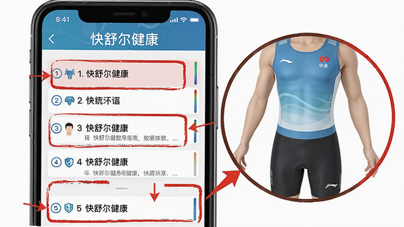 生图提示词:主体为手机屏幕显示“快舒尔健康”使用指南界面,左侧是步骤列表,右侧是放大示意图,布局左右分栏,风格教学类APP界面,细节包括红色高亮框和箭头标注,画质清晰干净,无多余元素,文字“快舒尔健康”位于顶部。