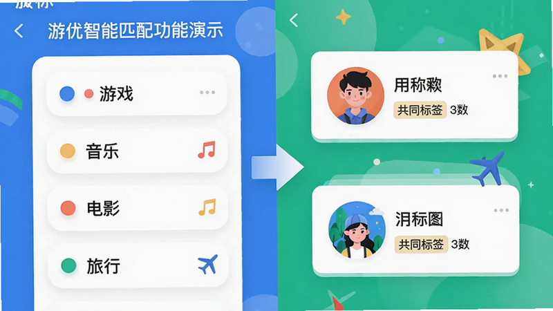 主体:游优智能匹配功能演示图,左侧为兴趣标签选择界面(标签有“游戏”“音乐”“电影”“旅行”),右侧为匹配成功的好友卡片。布局:左右分屏设计,中间用箭头连接。排版:卡片式布局,标签带彩色圆点。风格:UI插画风格,色彩明快。细节:卡片上显示好友头像、昵称、共同标签数。画质:高清,无多余元素。