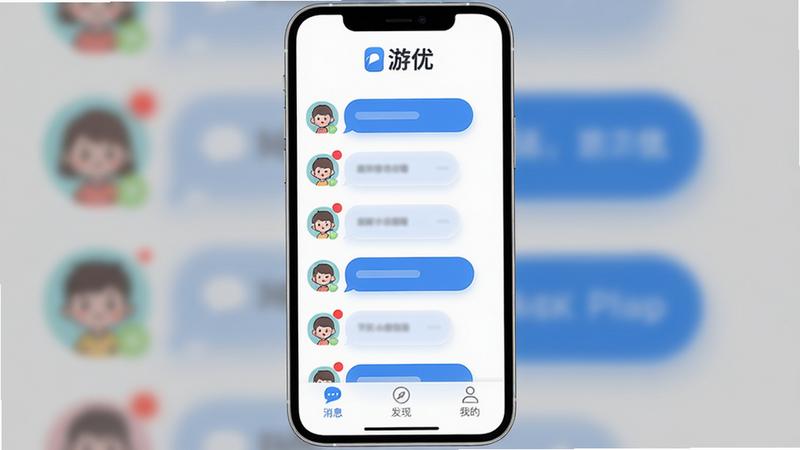 主体:游优App主界面截图,显示聊天列表和好友动态。布局:手机屏幕居中,上方为“游优”logo,中部为对话气泡,底部导航栏有“消息”“发现”“我的”三个图标。排版:干净扁平化设计,白色背景,蓝色主色调,对话气泡采用圆角矩形。风格:现代极简,带轻微毛玻璃效果。细节:聊天列表中包含未读消息小红点,好友头像为卡通风格。画质:4K超清,光线柔和,无多余元素。