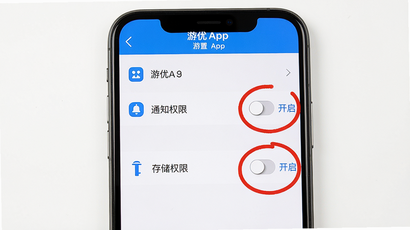 主体:手机显示游优App设置界面,突出“通知权限”和“存储权限”开关。布局:手机屏幕居中,设置列表从上至下排列,两个关键开关被红色圆圈标记。排版:列表式,每个选项带图标。风格:真实UI截图风格,白色背景带蓝色点缀。细节:开关处于关闭状态,旁边有“开启”文字提示。画质:高清,干净无多余元素。