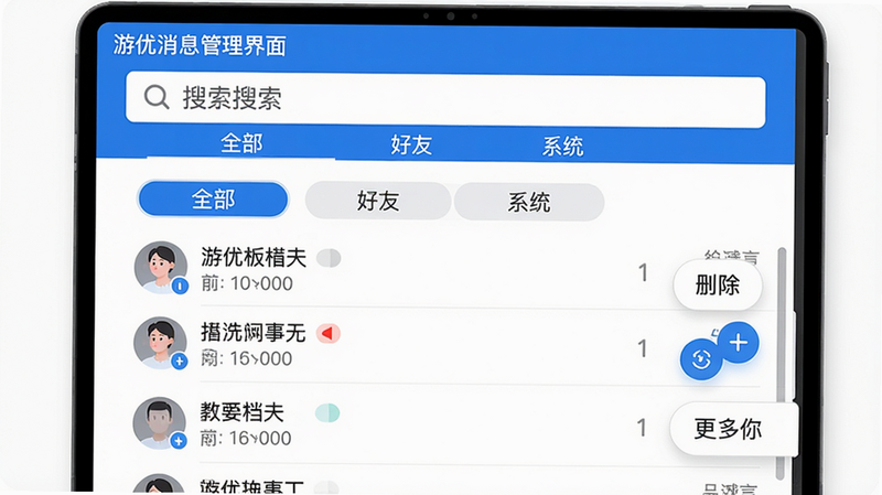 主体:游优消息管理界面,展示三个分类标签“全部”“好友”“系统”,下方为搜索框和聊天列表。布局:顶部为搜索栏,中间为分类标签,底部为列表。排版:标签式切换,列表项带时间戳和未读标记。风格:简洁清晰,蓝白配色。细节:可滑动删除对话,长按显示更多操作。画质:明亮,无多余元素。