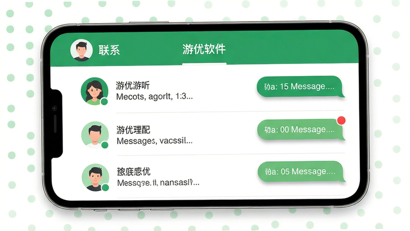 主体:游优软件的界面预览图,布局:手机屏幕中央显示聊天列表,顶部为绿色导航栏,左侧为联系人头像圆标,右侧为消息气泡。排版:列表式布局,每行包含头像、昵称和最后消息预览。风格:扁平化设计,配色清新以白绿为主。细节:消息气泡带有轻微阴影,未读消息有红色圆点标记。画质:高清渲染,干净无多余元素。