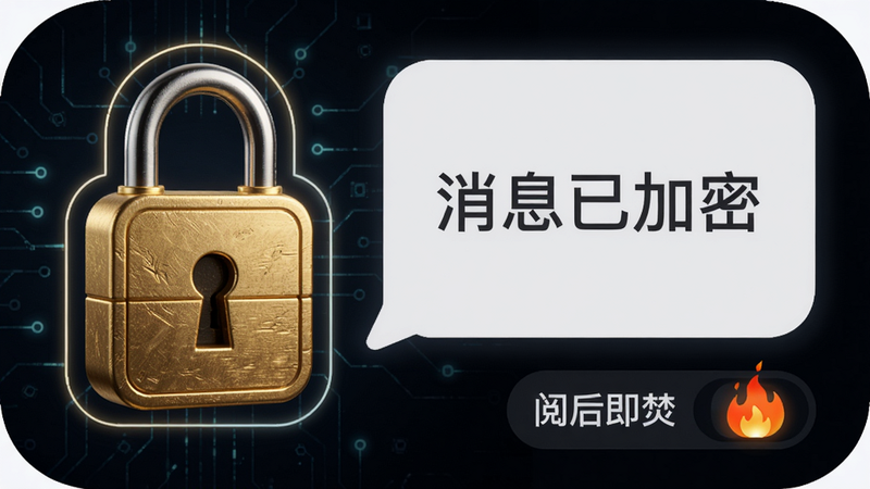 主体:游优的加密锁图标与聊天界面组合,布局:左侧一把金色锁头,右侧为对话气泡内部显示“消息已加密”字样。排版:锁头位于画面左上角,对话气泡占据右半部分,底部有“阅后即焚”开关按钮。风格:科技感暗色背景,发光线条勾勒锁头轮廓。细节:锁头纹理清晰,按钮上有火焰动画,画质细腻无噪点。