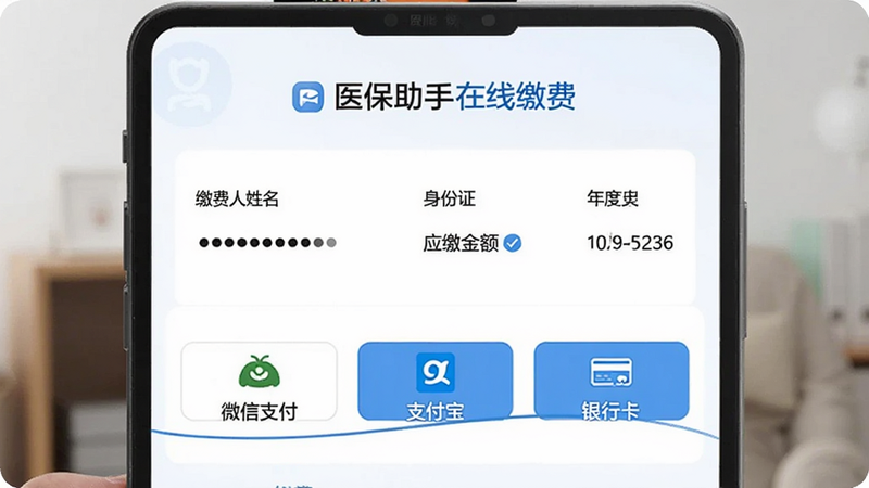 医保助手在线缴费界面,显示缴费人姓名、身份证号码(部分隐藏)、应缴金额、年度,下方有“微信支付”“支付宝”“银行卡”三个支付按钮,背景为白色,蓝色点缀,干净简洁
