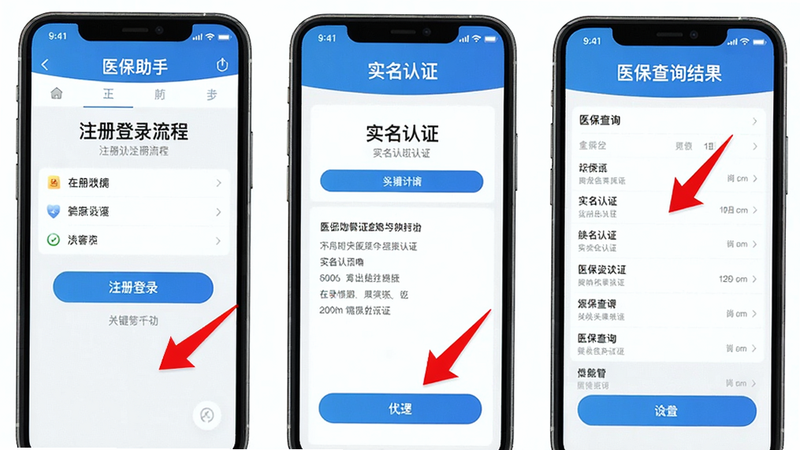 医保助手使用指南步骤截图,手机界面展示注册登录流程、实名认证页面、医保查询结果,红色箭头标注关键操作按钮,蓝色调,干净清晰,高清画质
