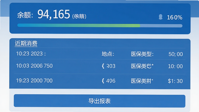 医保助手个人账户查询页面,顶部显示余额数字及进度条,中部为近期消费列表,每条记录包含时间、地点、金额、医保类型,底部有“导出报表”按钮,蓝色色调,字体清晰,无多余元素