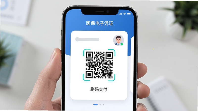 主体:手机展示“医保电子凭证”界面,有动态二维码和用户头像;布局:居中;排版:简洁;风格:现代卡片式;细节:二维码下方显示“刷码支付”文字;画质:高清、干净
