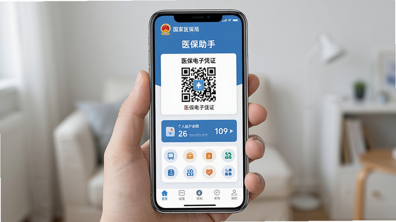 主体:手机屏幕显示“医保助手”主界面,包含医保电子凭证二维码、个人账户余额和常用功能图标;布局:居中对称;排版:卡片式分层清晰;风格:扁平化蓝白配色;细节:顶部有“国家医保局”标识,底部导航栏;画质:高清、干净、无多余元素
