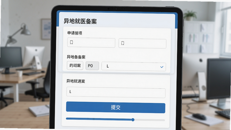 主体:表单填写页面显示“异地就医备案”申请项;布局:自上而下;排版:字段对齐;风格:蓝白商务;细节:有“提交”按钮和进度条;画质:高清、无多余元素