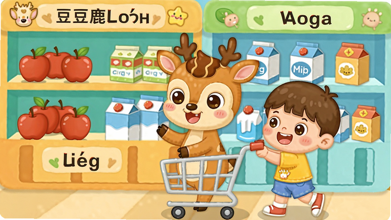 豆豆鹿英语App超市购物场景截图,卡通小鹿与小孩推购物车,货架上有苹果、牛奶等物品并标注英文单词,色彩鲜艳,儿童插画风格,布局简洁,图片中带有“豆豆鹿英语”字样,画质清晰。