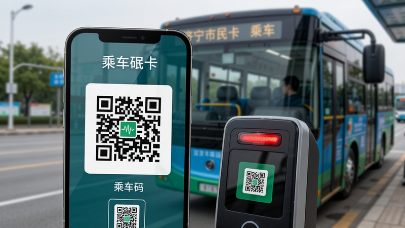 主体为公交车扫码器前展示手机上的济宁市民卡乘车码,布局为手机屏幕放大显示二维码,背景虚化公交车辆,风格现代科技感,细节包括屏幕反光和扫码器红灯,画质高清,干净无多余元素,文字“乘车码”可见