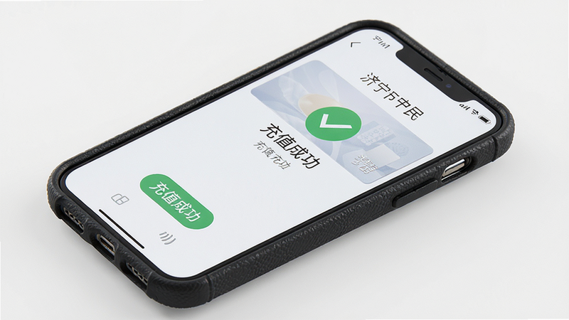 展示手机NFC充值场景,主体为一部手机背面贴近一张济宁市民卡,屏幕上显示充值成功界面,布局简洁,风格写实,细节包括手机壳纹理和卡片图案,画质高清,干净无多余元素,文字“充值成功”可见
