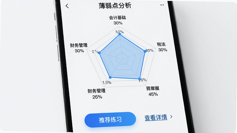 主体为手机屏幕显示“薄弱点分析”雷达图,布局中央为五边形或六边形雷达图,标注“会计基础”“税法”“财务管理”等维度,每个顶点显示掌握百分比。下方有“推荐练习”按钮和“查看详情”链接。风格科技感,背景白色,细节有数据标签,画质高清干净。