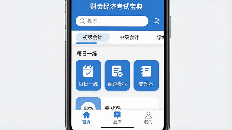 主体为一部智能手机屏幕显示“财会经济考试宝典”主界面,布局上半部分有搜索栏和分类标签(如“初级会计”“中级会计”),中部展示“每日一练”“真题模拟”“错题本”等大图标按钮,底部固定导航栏包含首页、题库、我的等选项。风格扁平化,色彩以蓝色和白色为主,干净清爽。细节包括题目标号、学习进度百分比,画质高清,无多余元素。