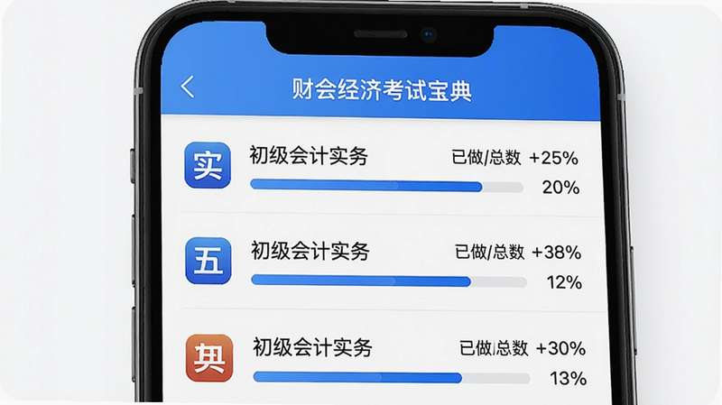 主体为手机屏幕展示“财会经济考试宝典”题库列表页,布局采用列表形式,每行显示科目名称如“初级会计实务”,右侧有“已做/总数”进度条和完成率百分比。风格简洁现代,细节包括科目图标、蓝色进度条,画质清晰干净,无多余元素。
